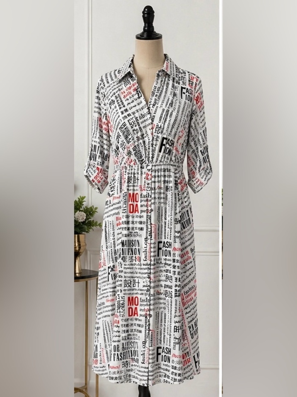 White Newspaper Print Midi Dress with Red Accents